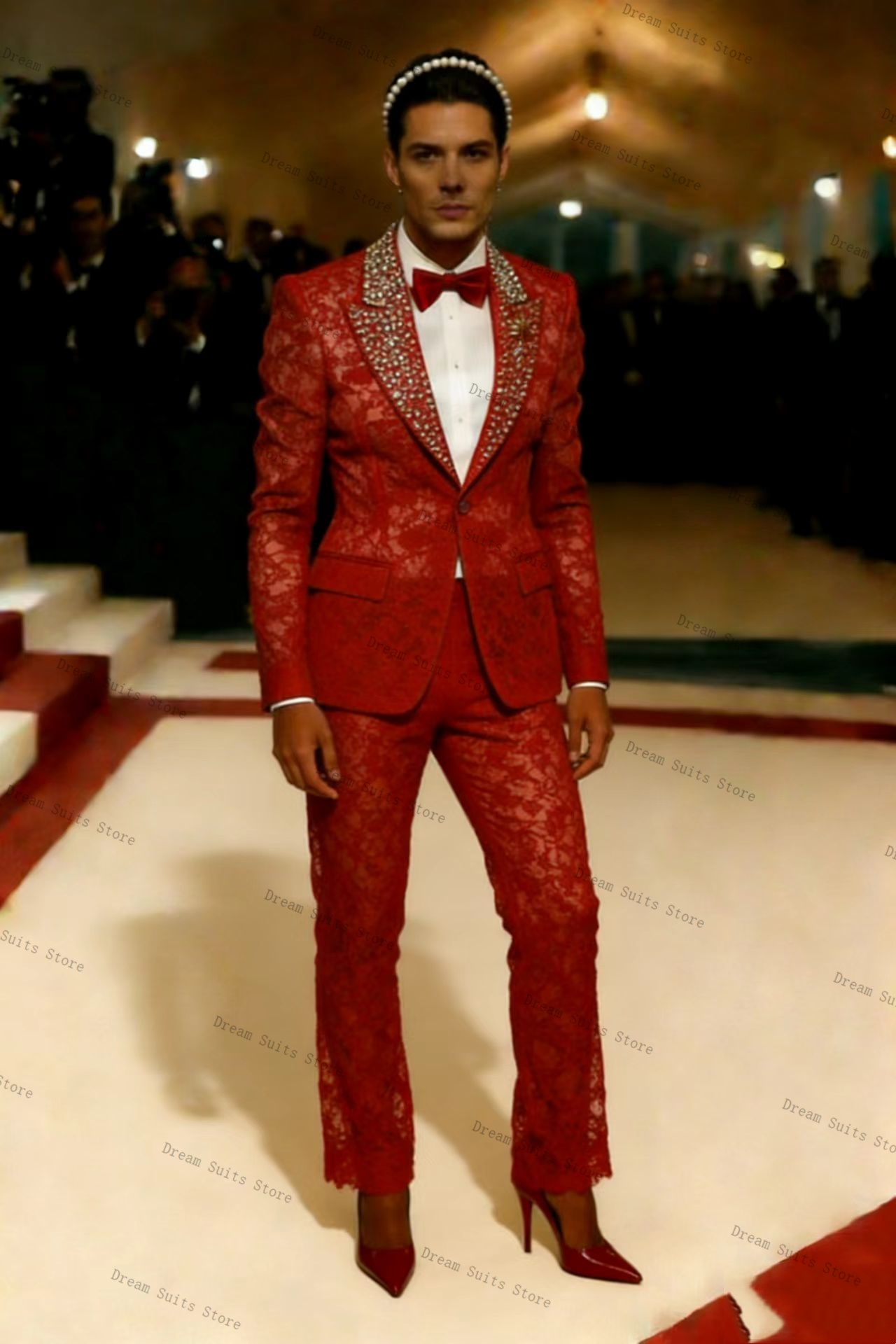 Gold Crystals Men Suit Set 2 P - đánh giá và giá Men Formal Wear Red