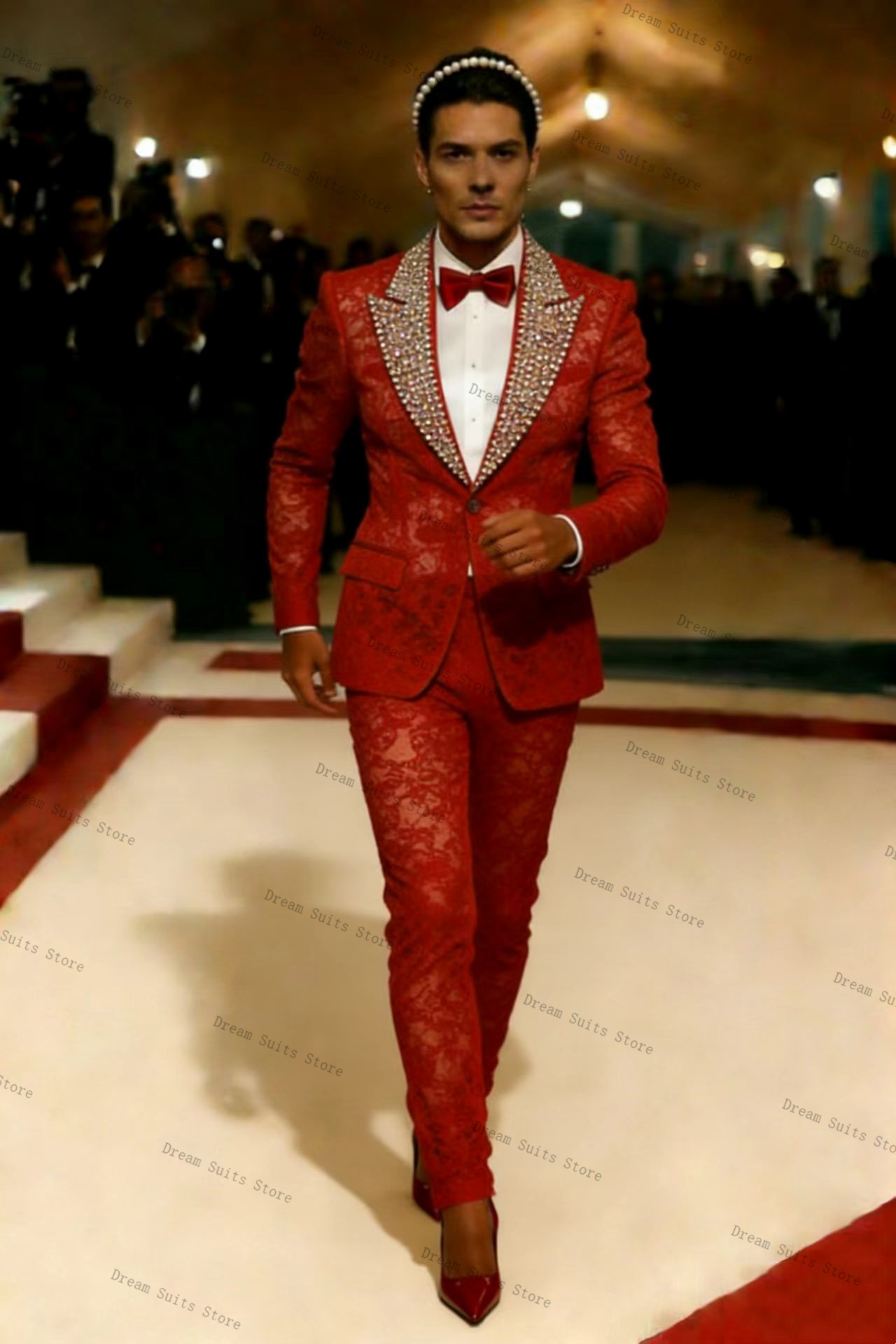 Gold Crystals Men Suit Set 2 P - đánh giá và giá Men Formal Wear Red