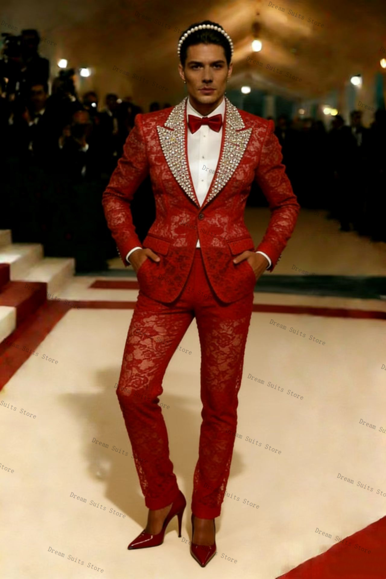 Gold Crystals Men Suit Set 2 P - đánh giá và giá Men Formal Wear Red